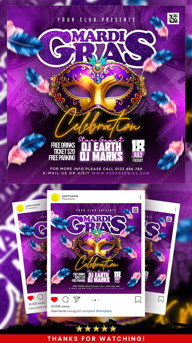 Mardi Gras Festival Social Media Flyer PSD