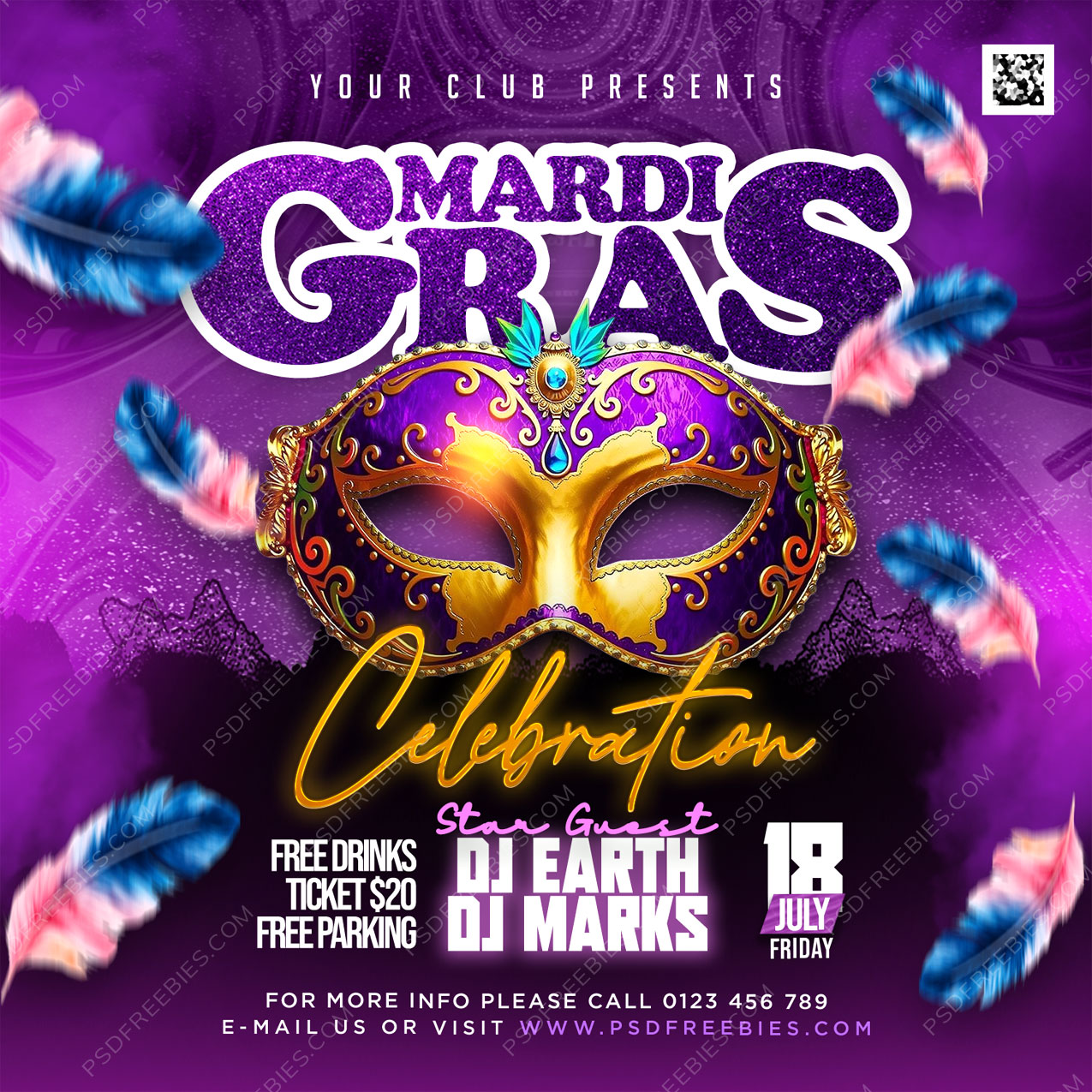 Mardi Gras Festival Social Media Flyer PSD