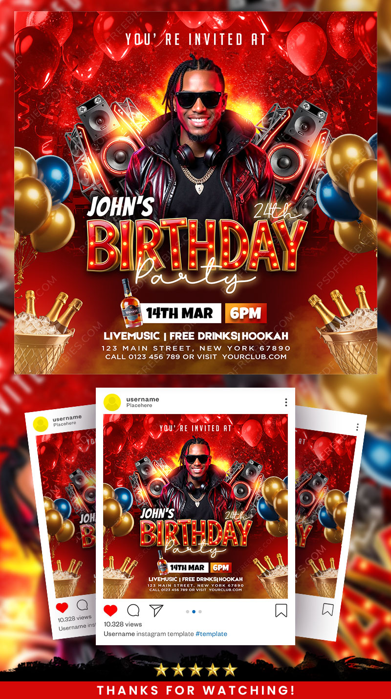 Birthday Club Party Social Media Flyer PSD Template
