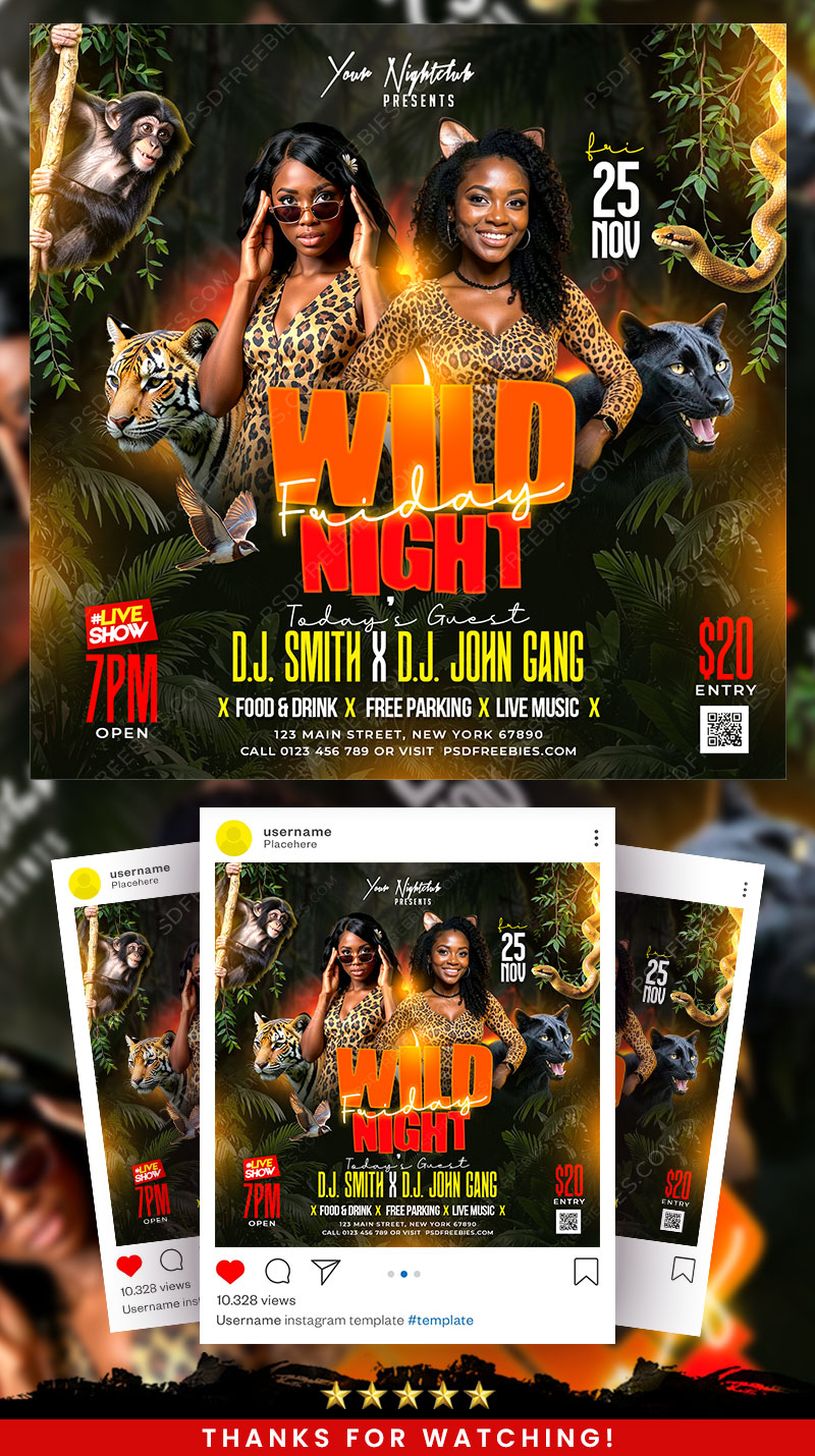 Friday Wild Night Club Party Social Media Flyer PSD