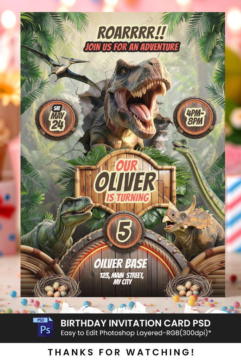 Jurassic Dinosaur Theme Birthday Party Invitation PSD