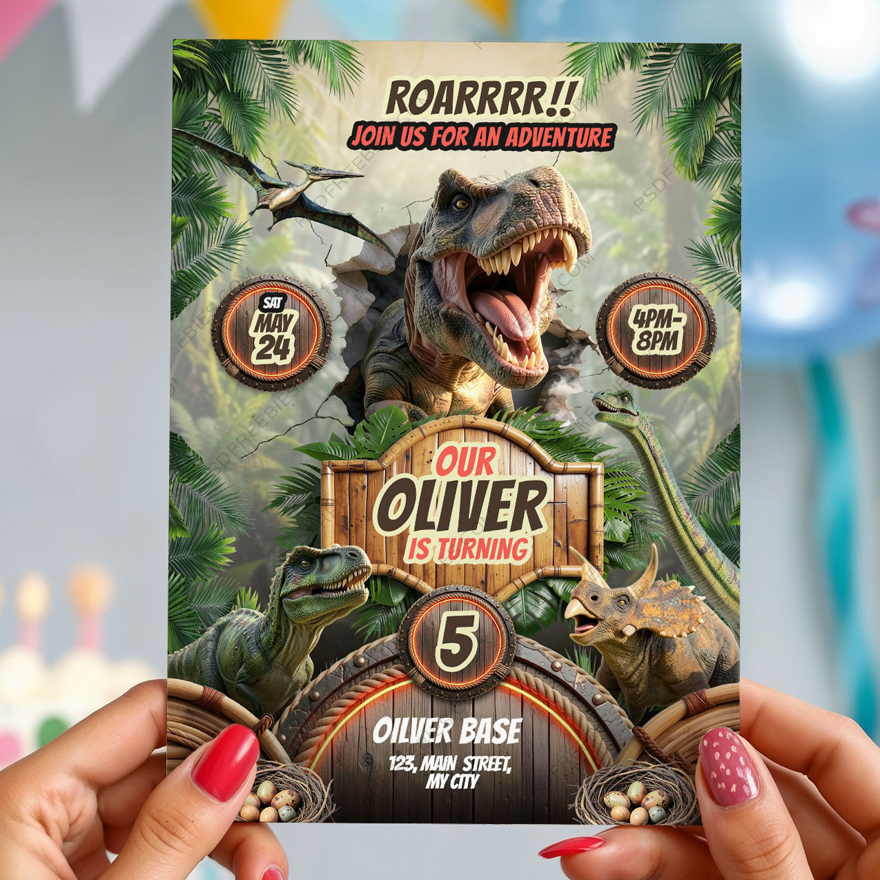 Jurassic Dinosaur Theme Birthday Party Invitation PSD