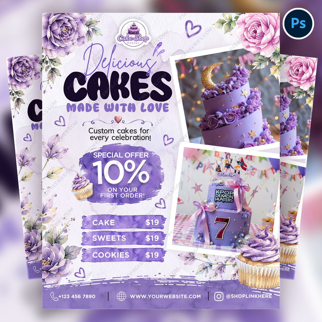 Editable Purple Cake Bakery Business Flyer PSD