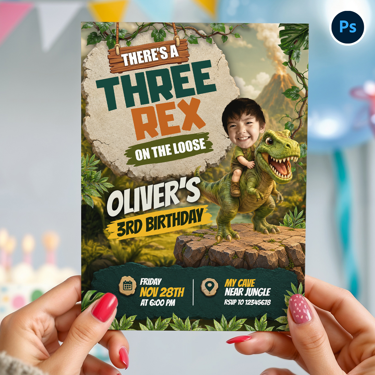Editable Dinosaur Birthday Invitation Card PSD Template