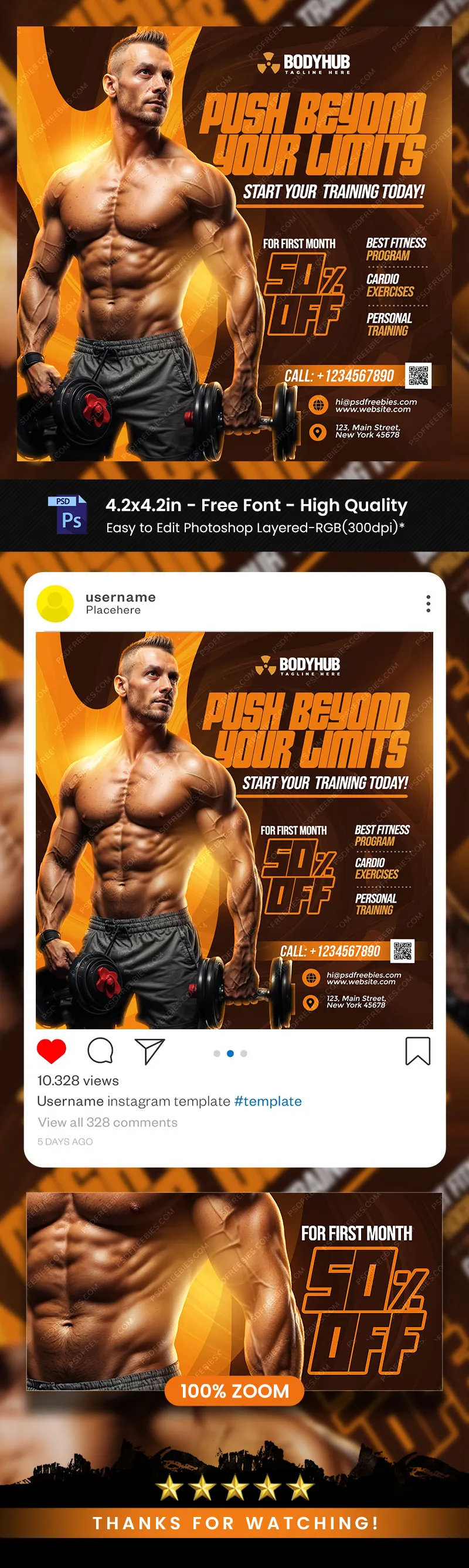 Bodybuilding Gym Promotional Post PSD Template