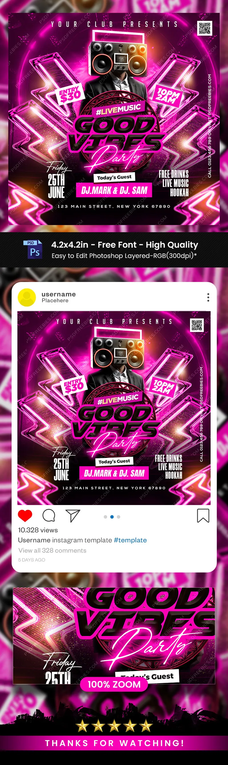 DJ Music Party Post Social Media Template PSD