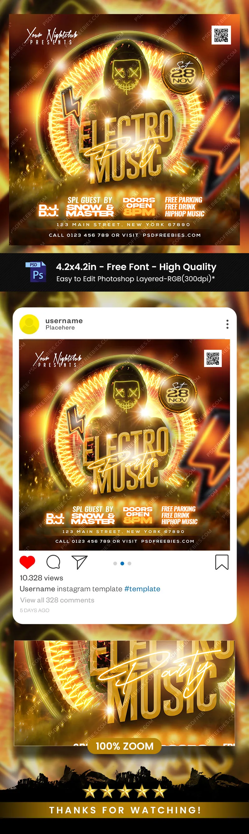 Electro Night DJ Party Instagram Post Design PSD