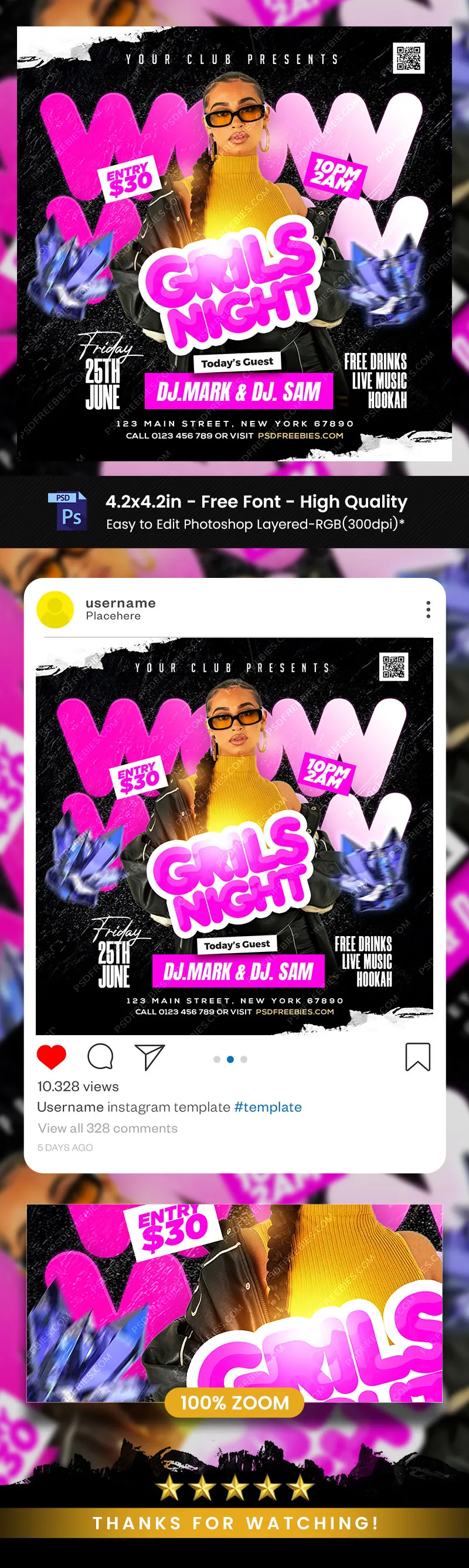 Girl's Night Party Instagram Post PSD Template