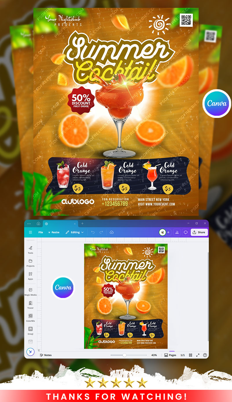 Summer Cocktail Menu Flyer Canva Template