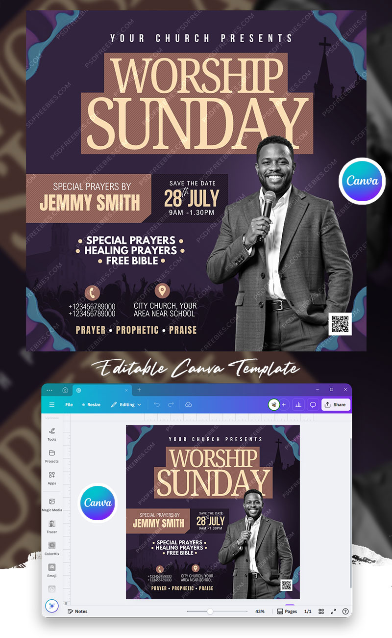 Church Worship Sunday Service Event Social Media Flyer Canva