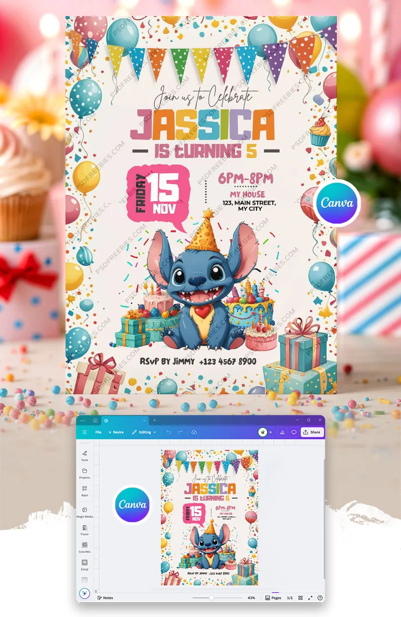 Editable Stitch Birthday Party Invitation Canva Template