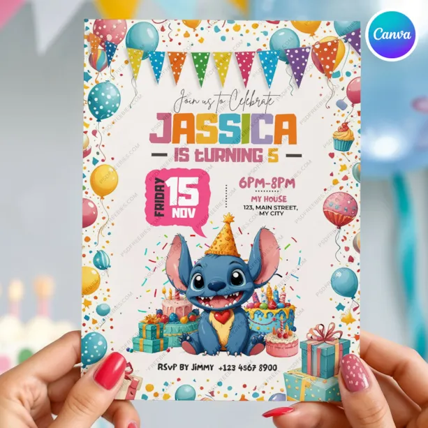 Editable Stitch Birthday Party Invitation Canva Template