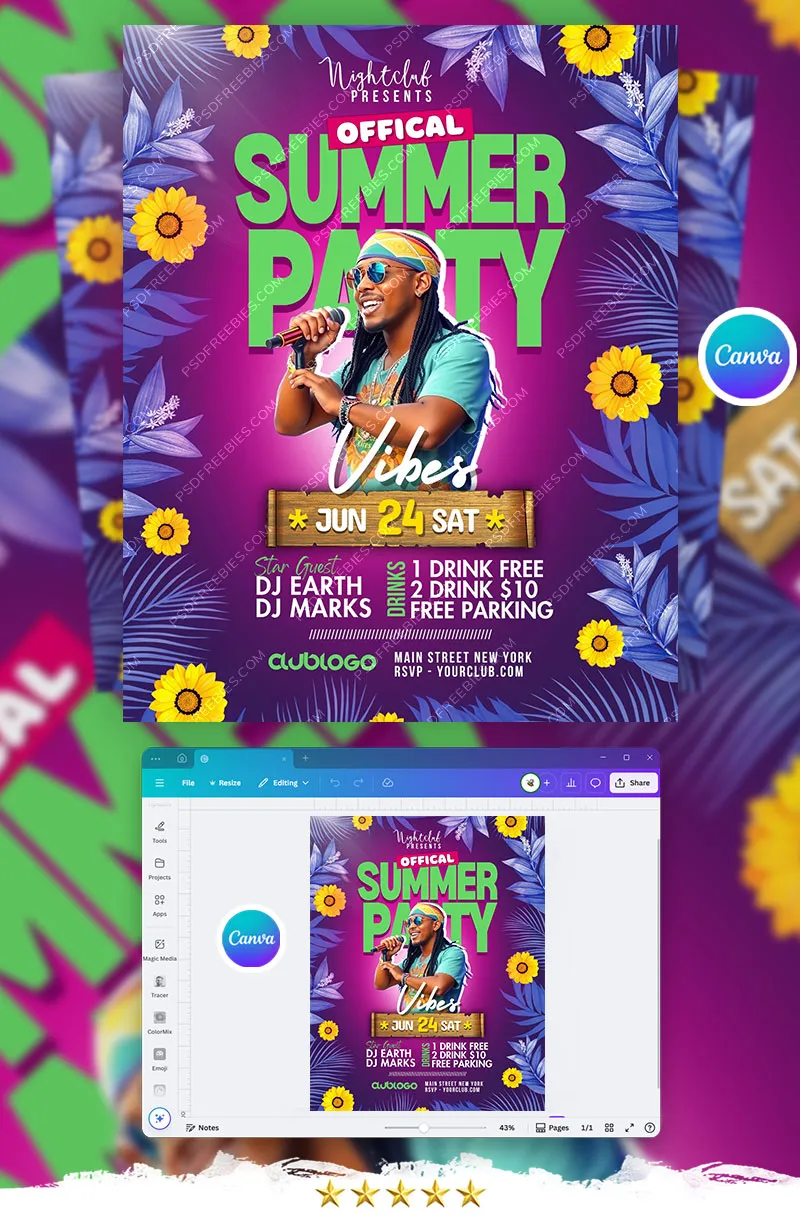 Editable Summer Music Party Flyer Canva Template