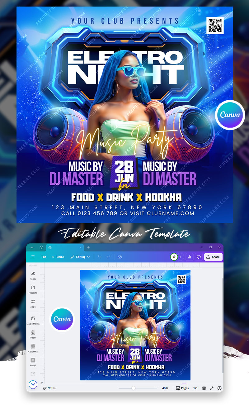 Electro Night Music Party Social Media Flyer Canva