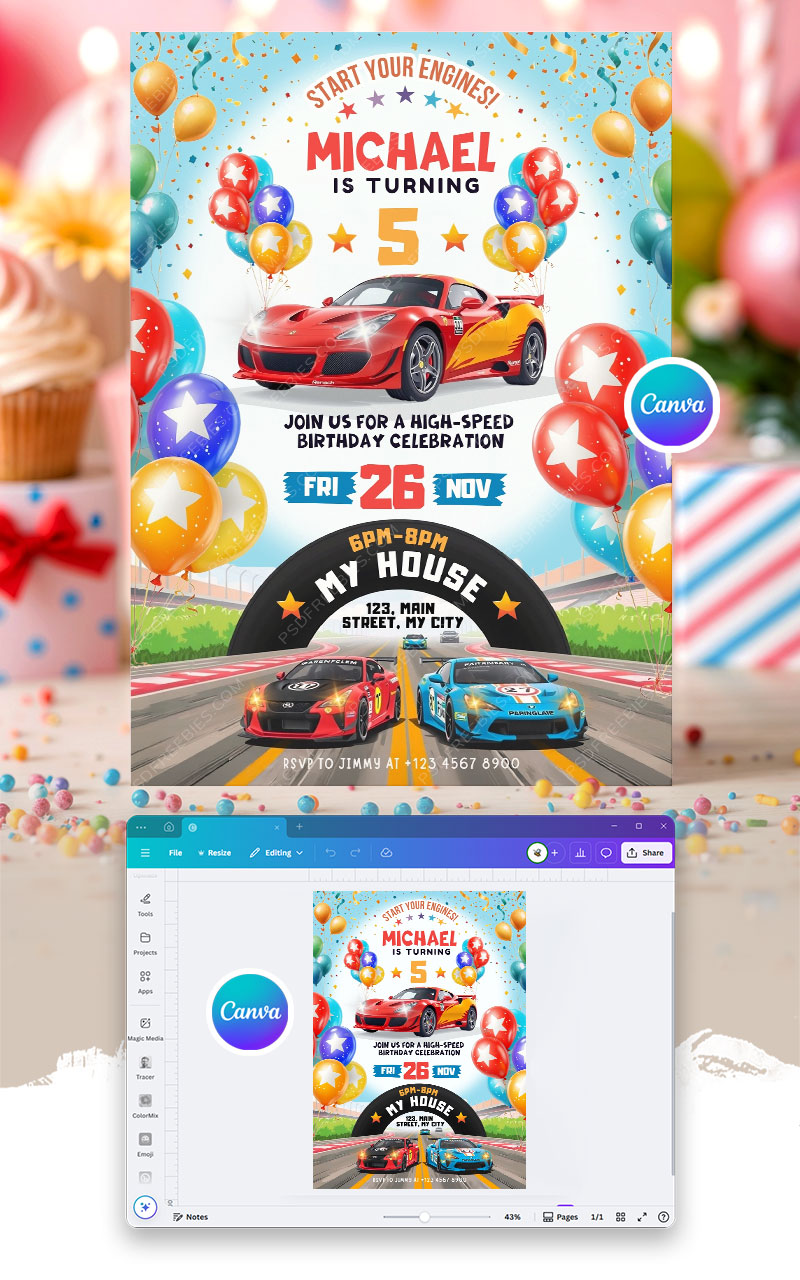 Racing Car Birthday Party Invitation Canva Template