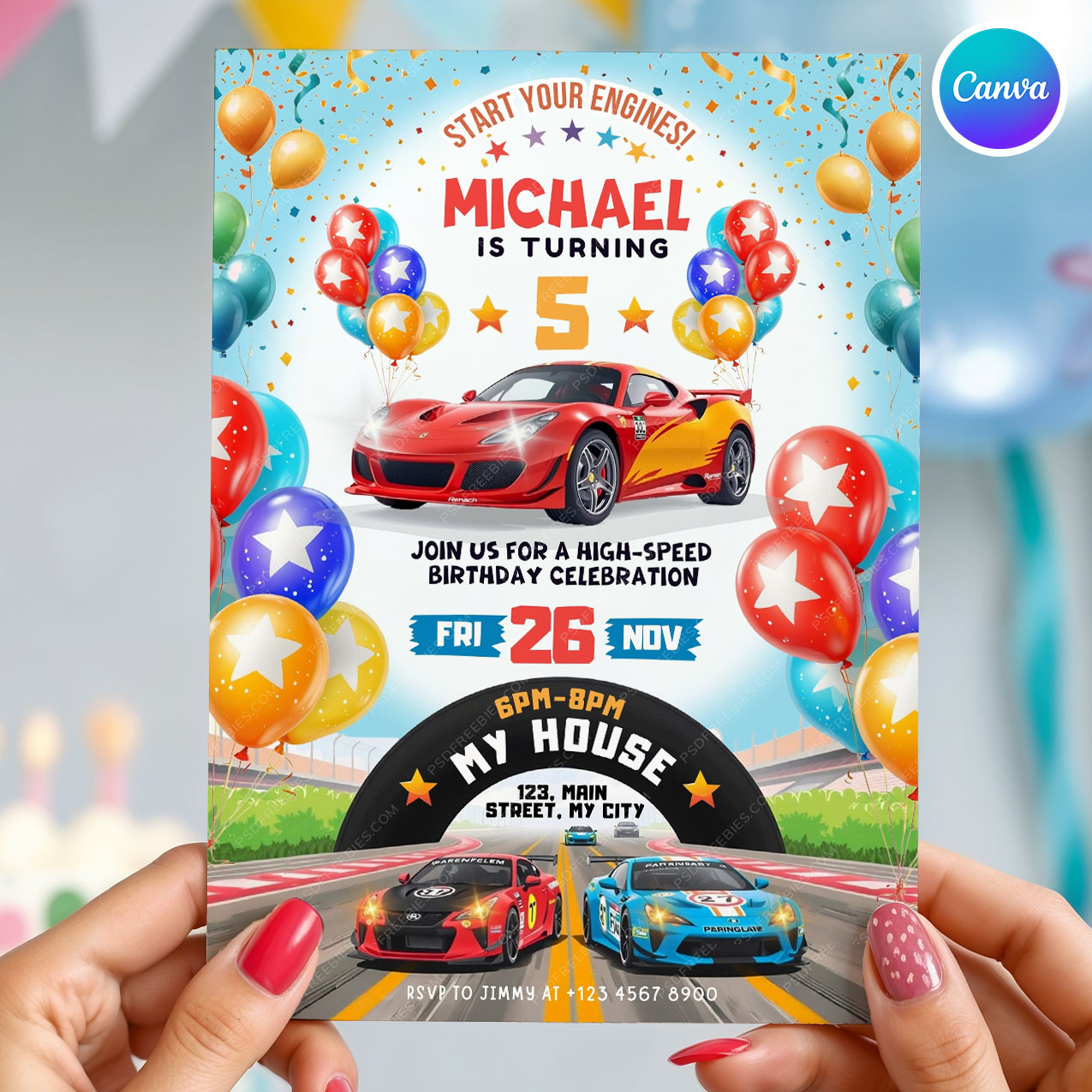 Racing Car Birthday Party Invitation Canva Template