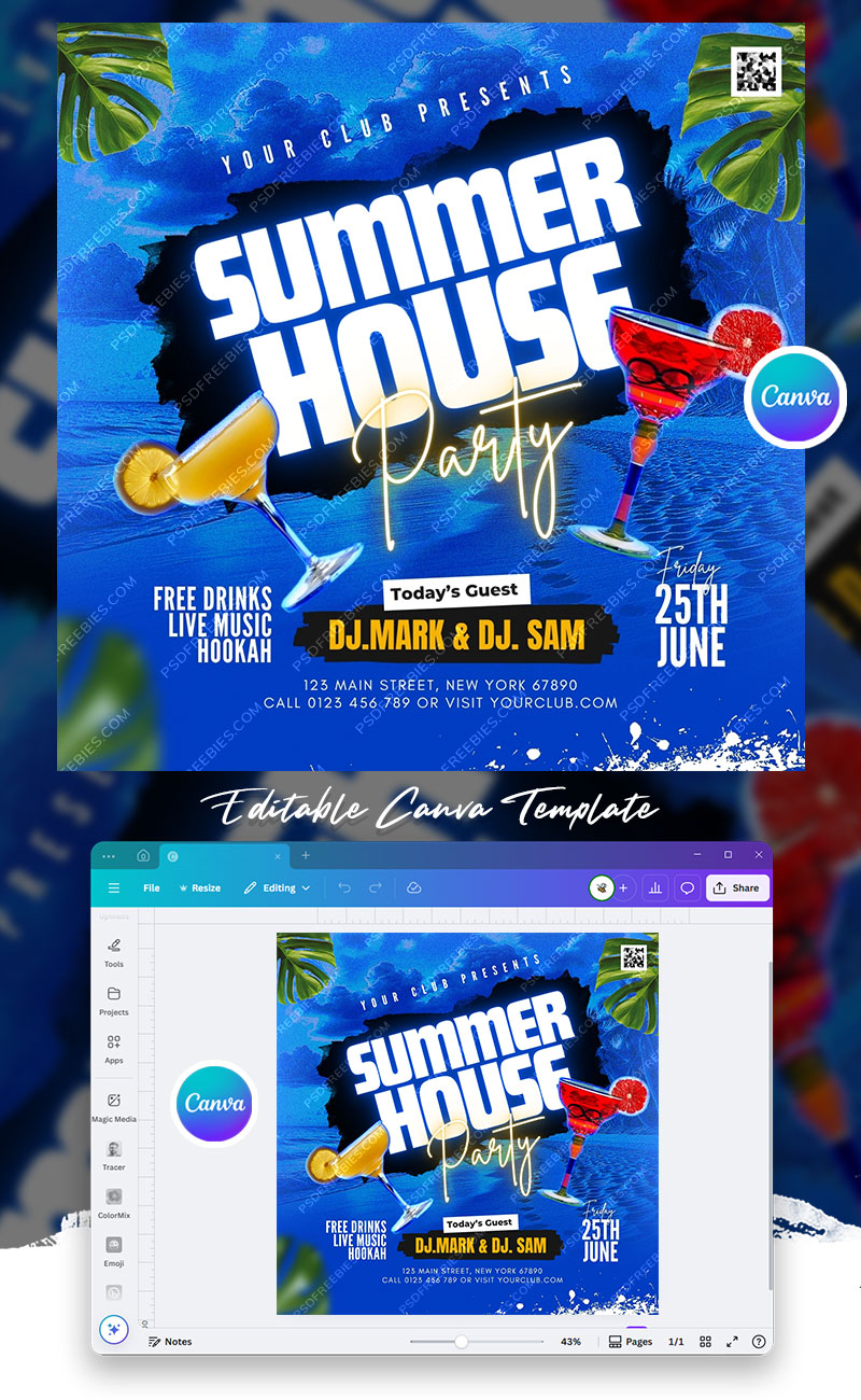 Summer House Music Party Social Media Flyer Canva