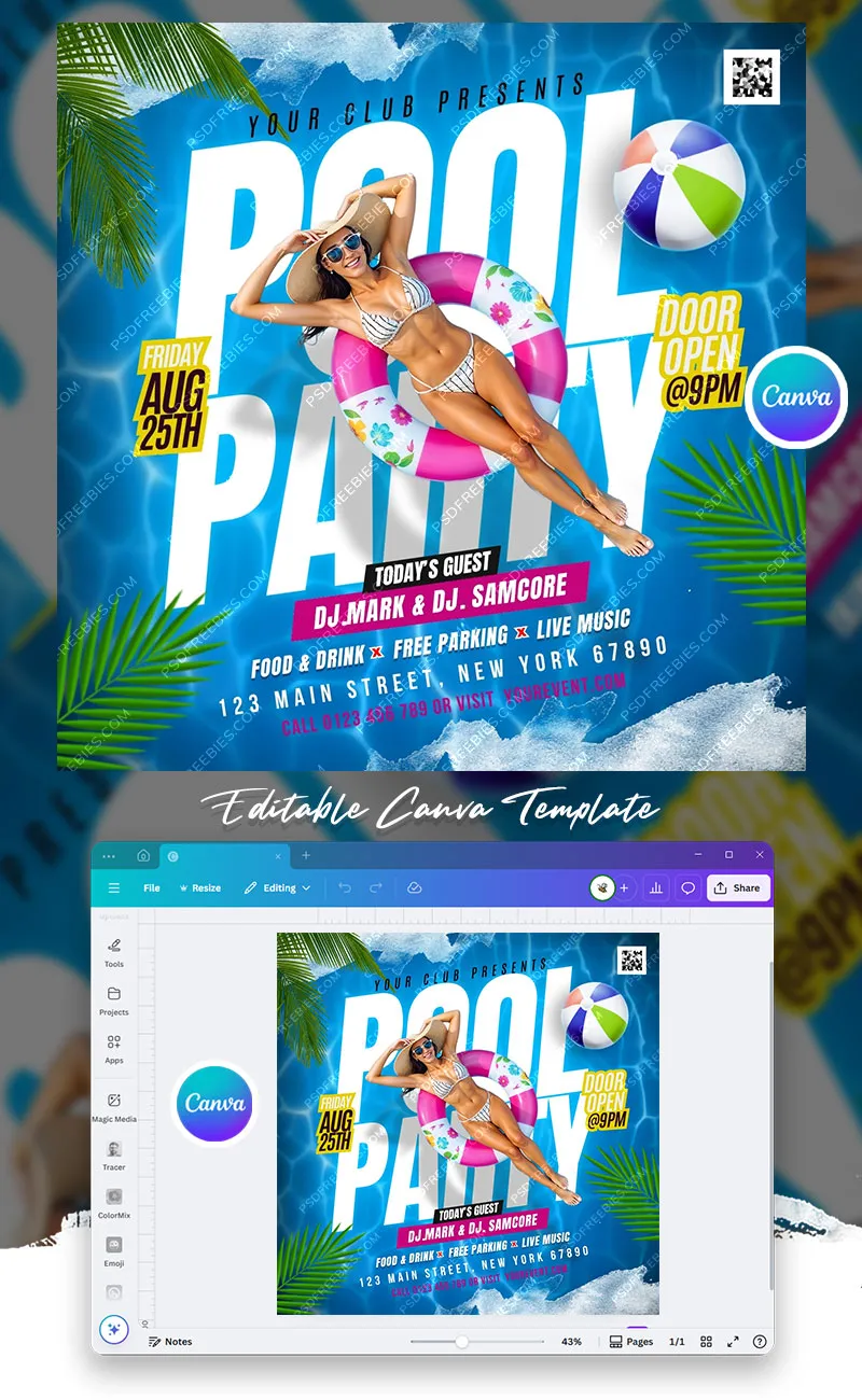 Editable Summer Pool Party Social Media Post Canva