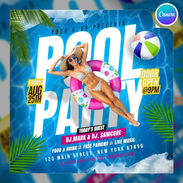 Editable Summer Pool Party Social Media Post Canva