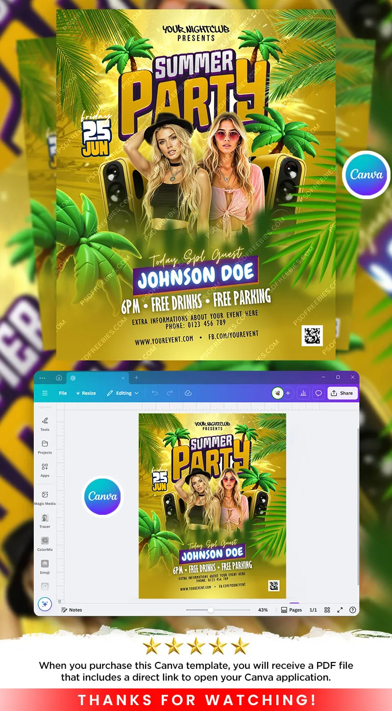 Editable Tropical Summer Party Flyer Canva Template