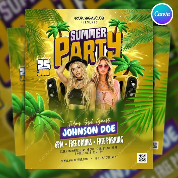 Editable Tropical Summer Party Flyer Canva Template