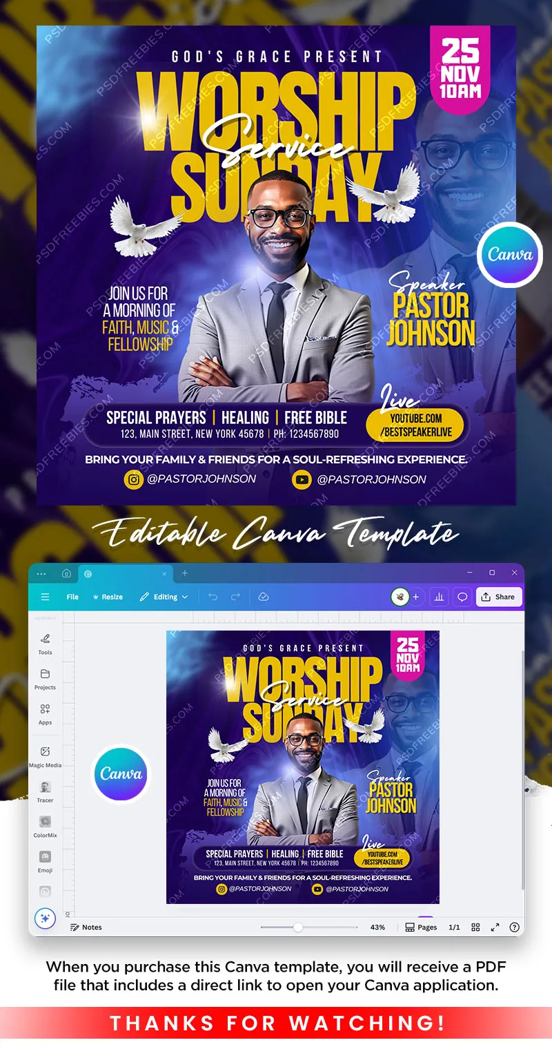 Editable Sunday Church Worship Post Canva Template