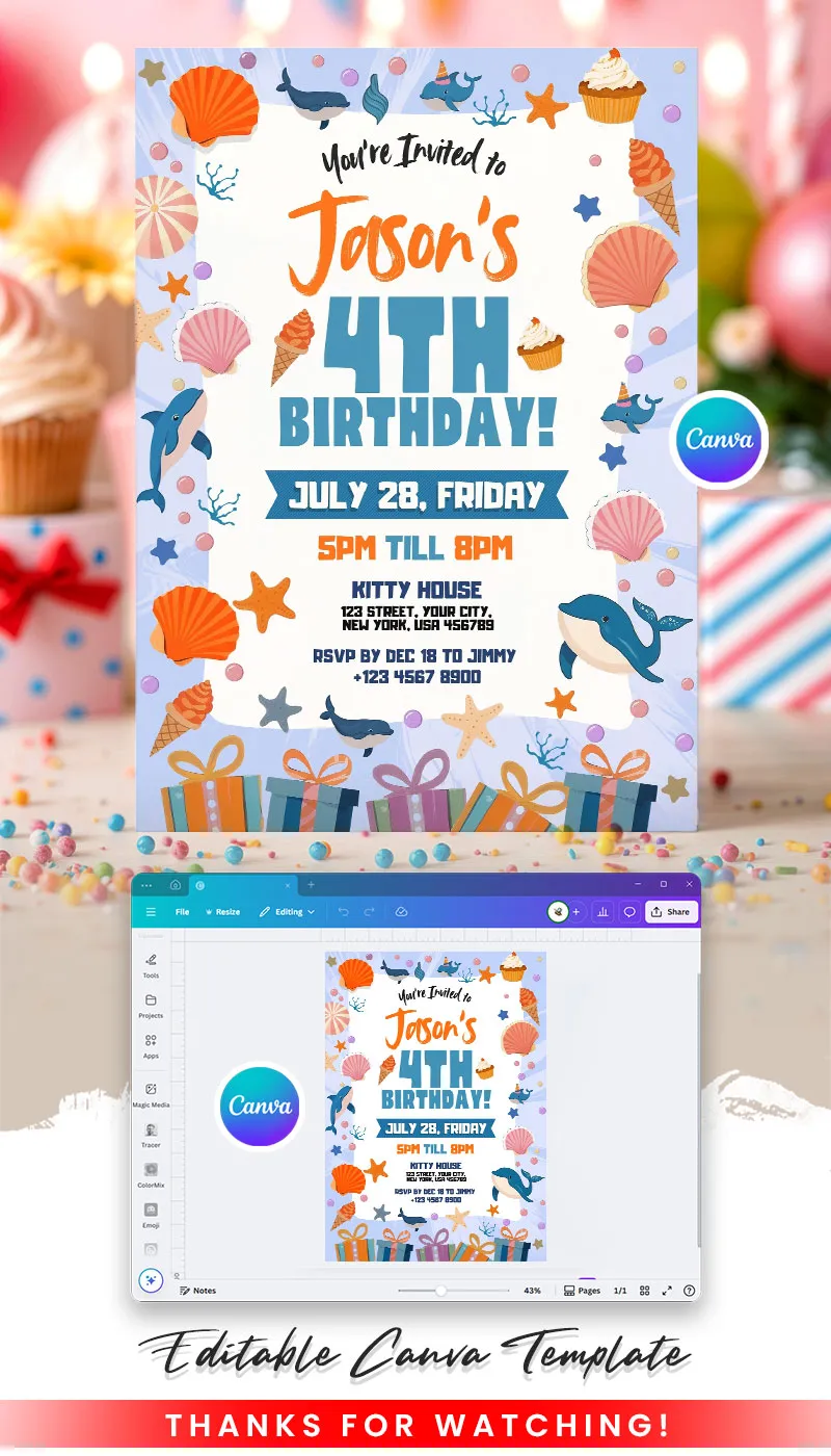 Under Sea Theme Birthday Invitation Card Canva Template