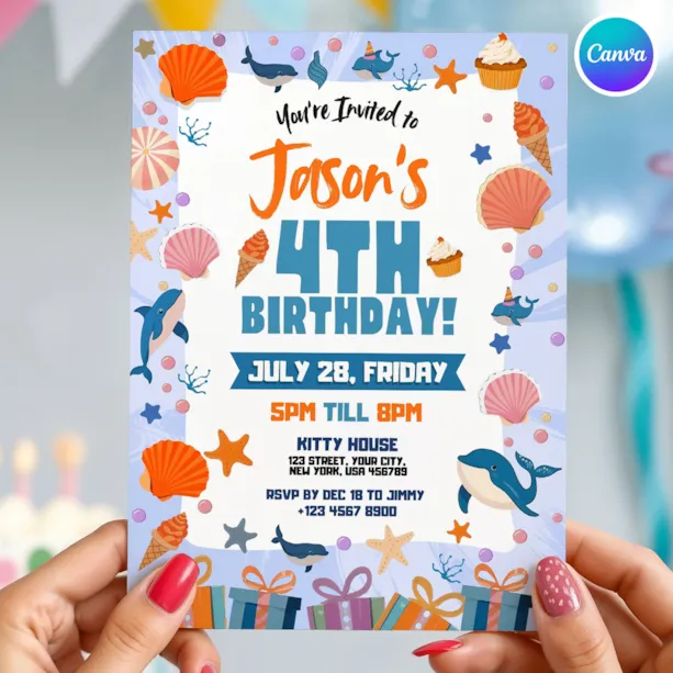 Under Sea Theme Birthday Invitation Card Canva Template