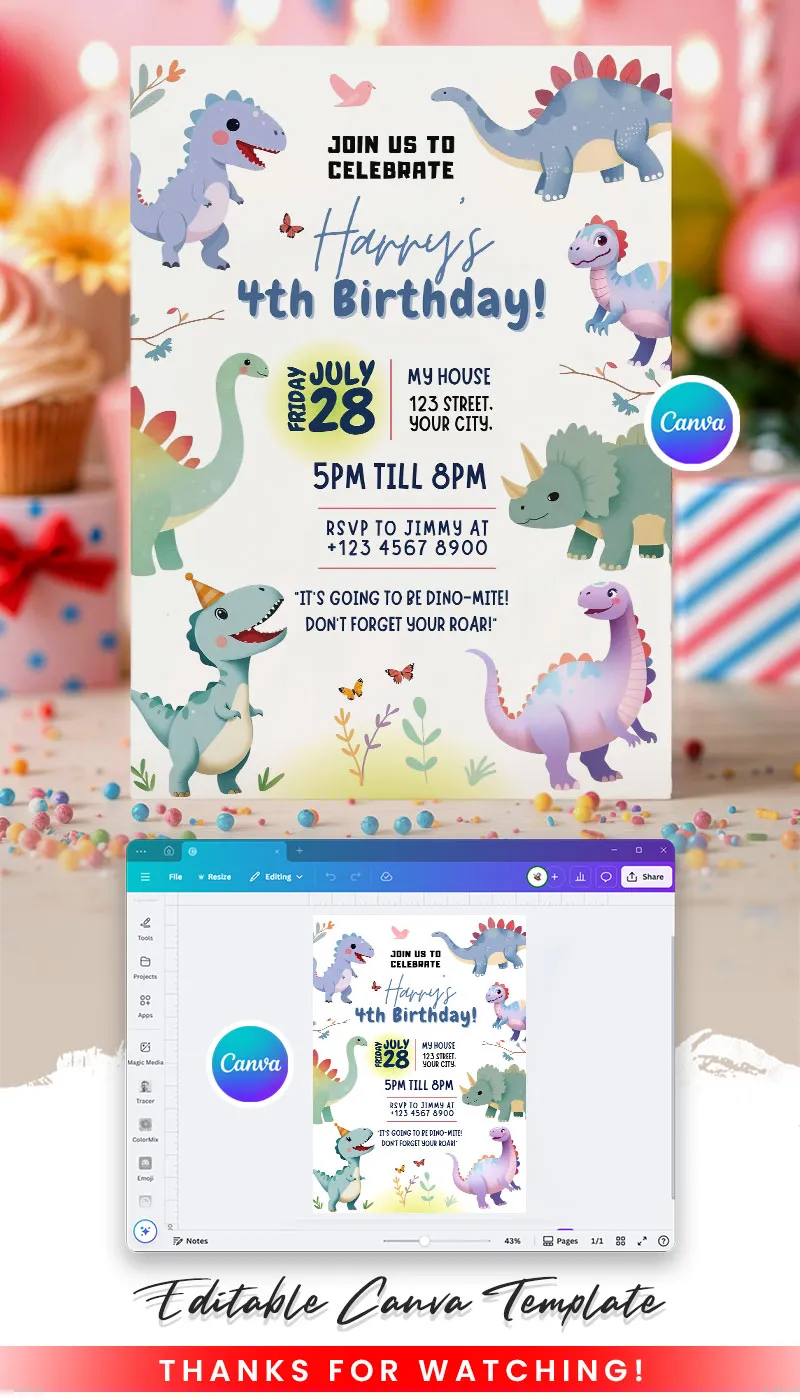 Dinosaur Theme Birthday Party Invitation Canva Template