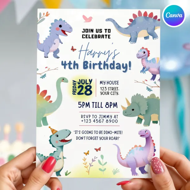 Dinosaur Theme Birthday Party Invitation Canva Template