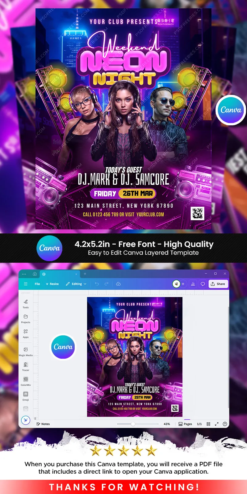 Weekend Neon Night Club Party Flyer Canva Template