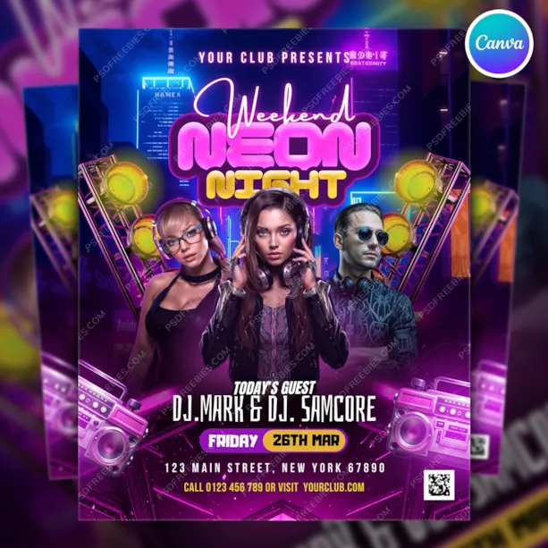 Weekend Neon Night Club Party Flyer Canva Template