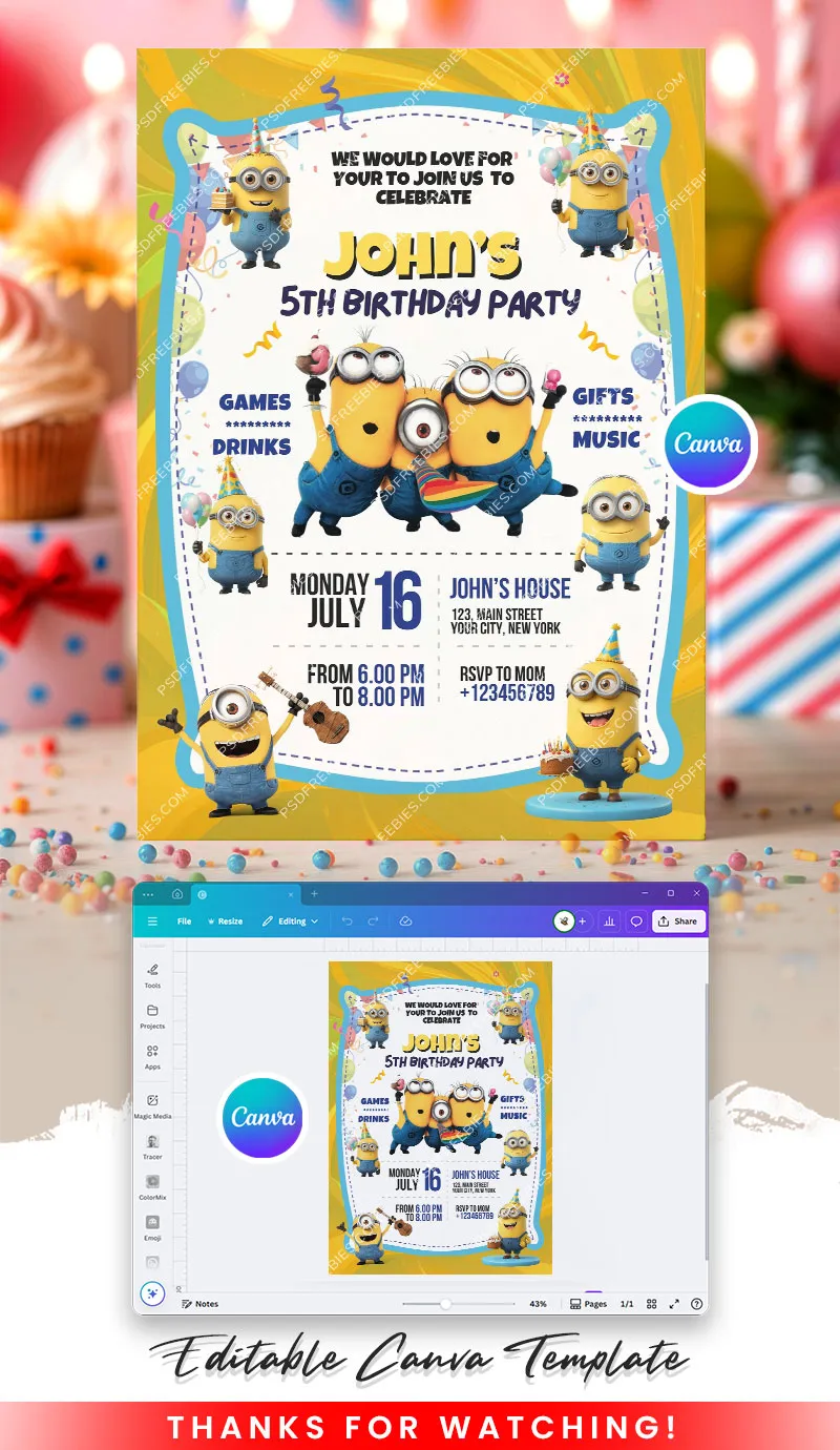 Editable Minions Birthday Invitation Canva Template