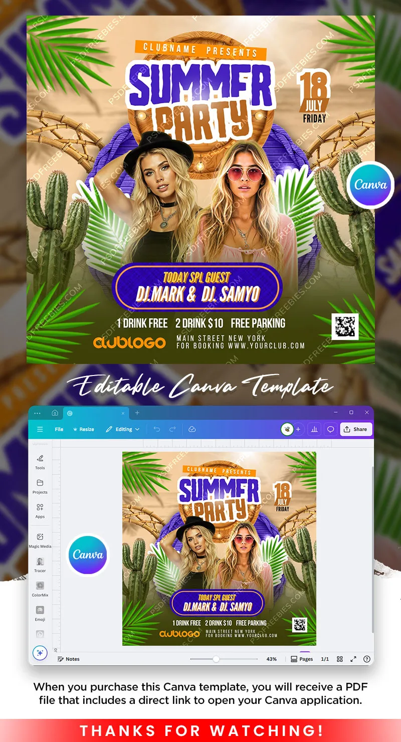Summer Party Social Media Post Canva Template