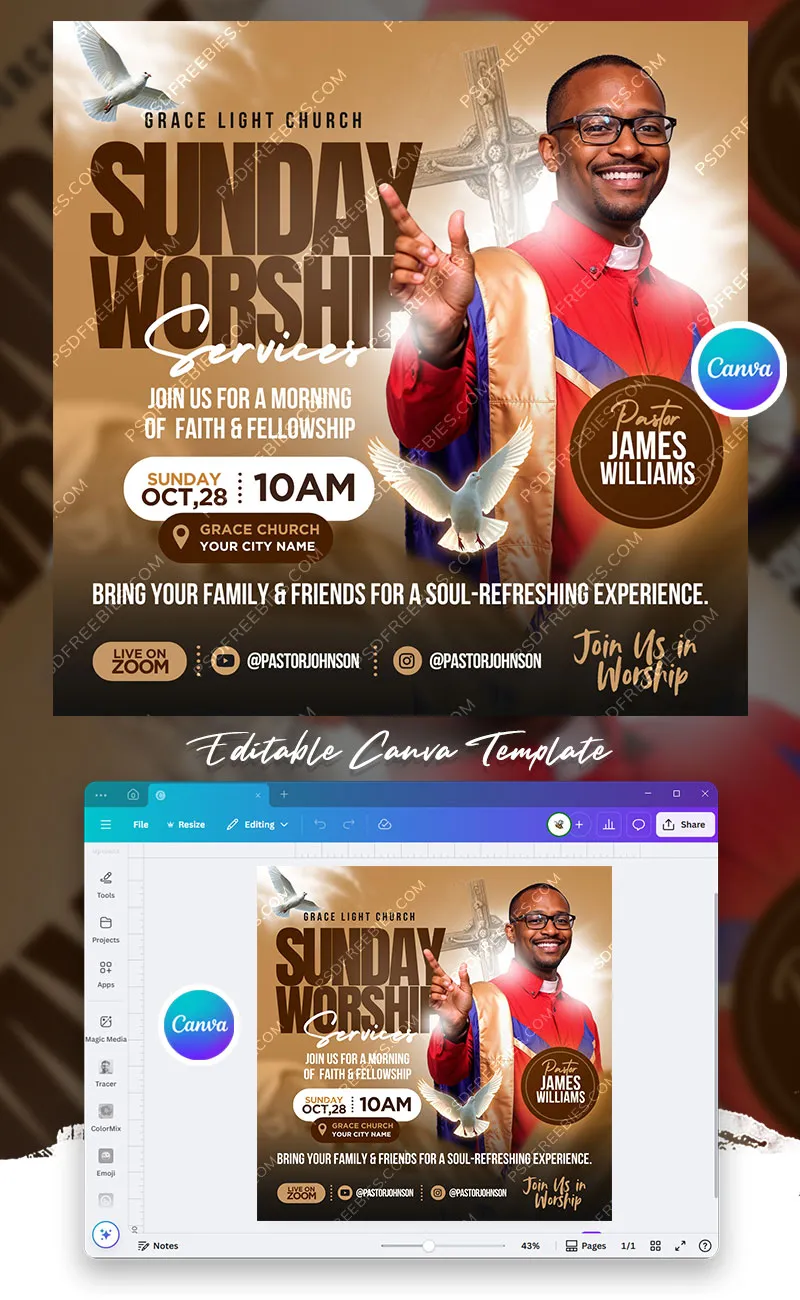 Editable Sunday Worship Post Canva Template
