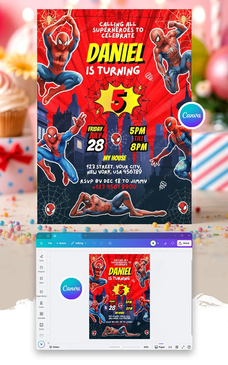 Editable Superhero Birthday Invitation Canva Template