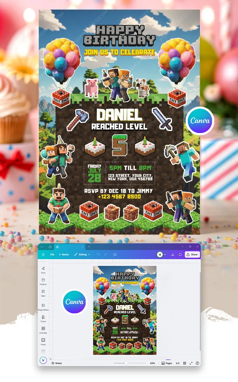 Editable Pixel Adventure Birthday Invitation Canva Template