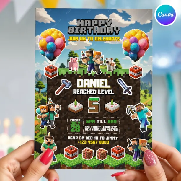 Editable Pixel Adventure Birthday Invitation Canva Template
