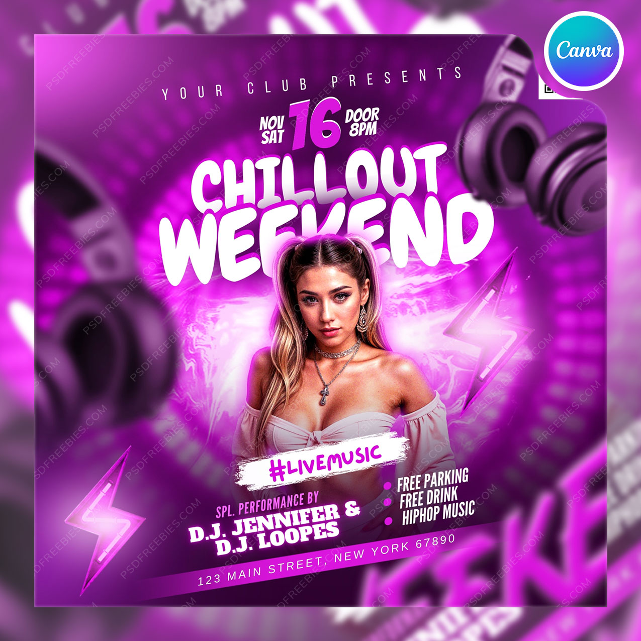 Weekend Music DJ Party Social Media Flyer Canva Template