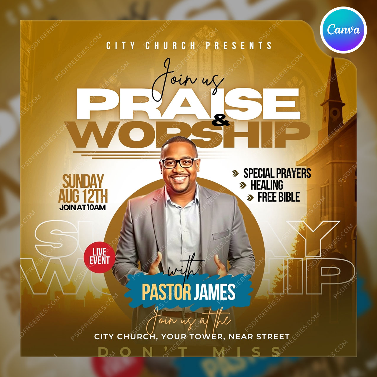Editable Church Worship Social Media Flyer Canva Template