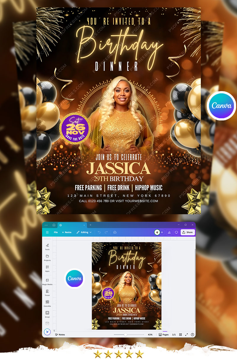 Editable Birthday Dinner Invitation Canva Template