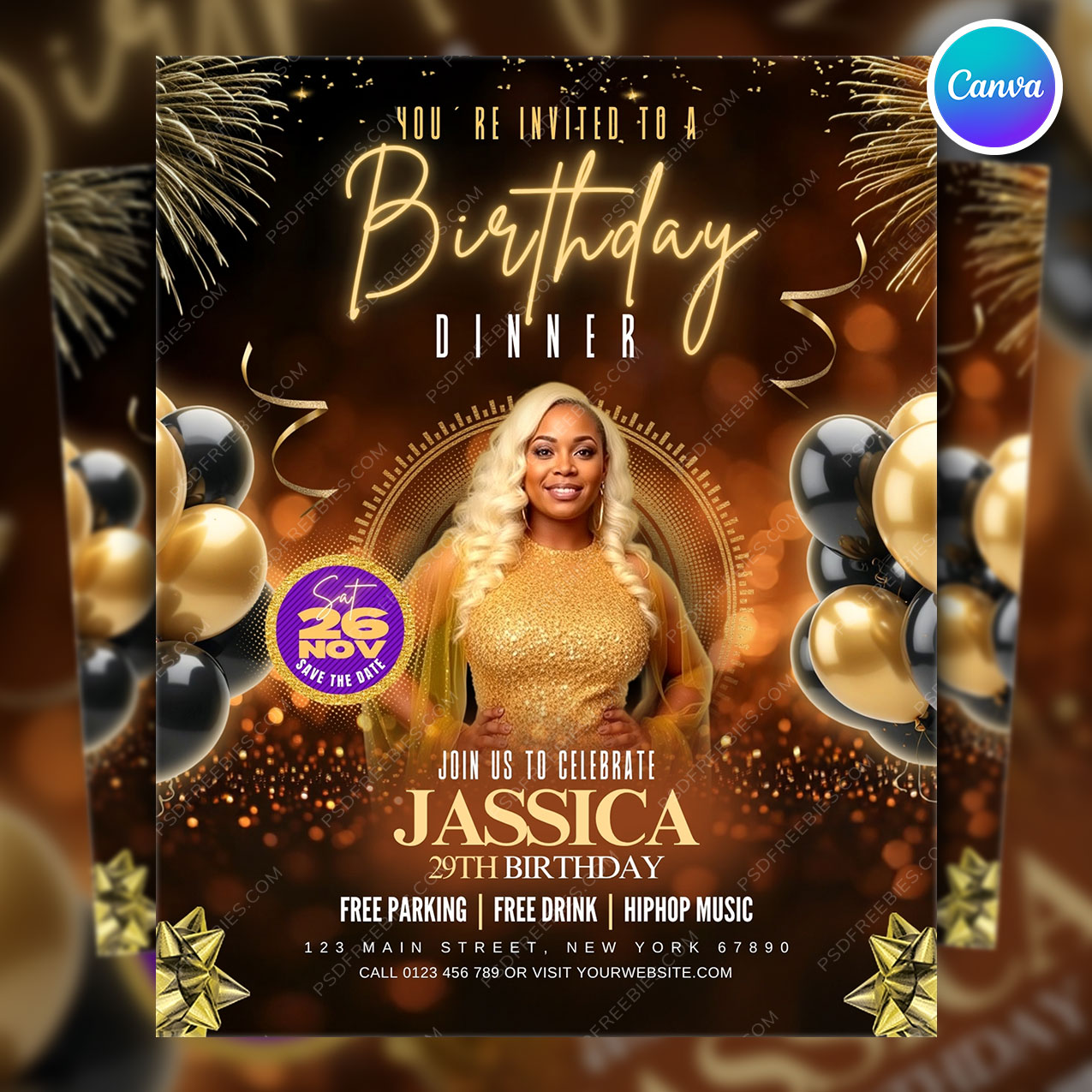 Editable Birthday Dinner Invitation Canva Template