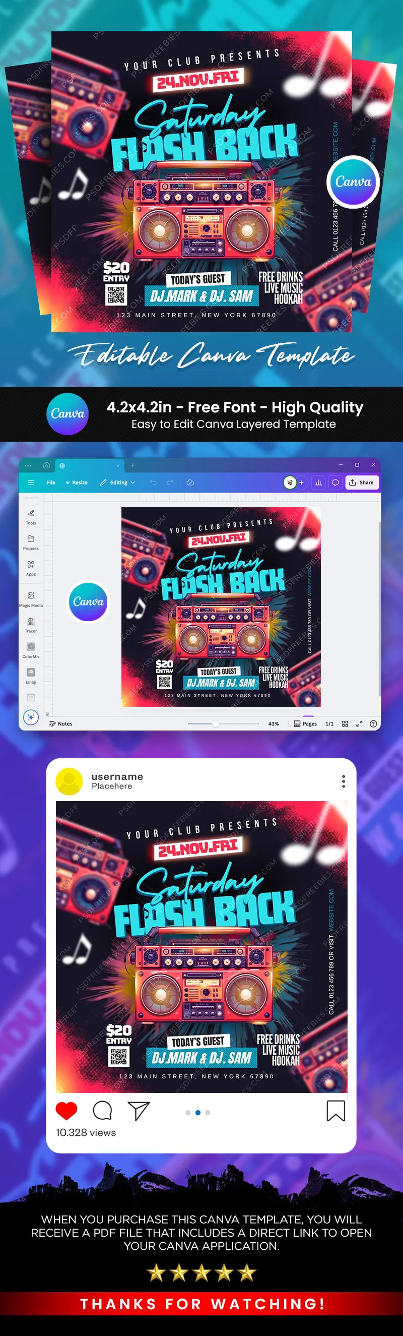 Saturday Flashback Music Party Flyer Canva Template
