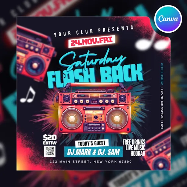 Saturday Flashback Music Party Flyer Canva Template