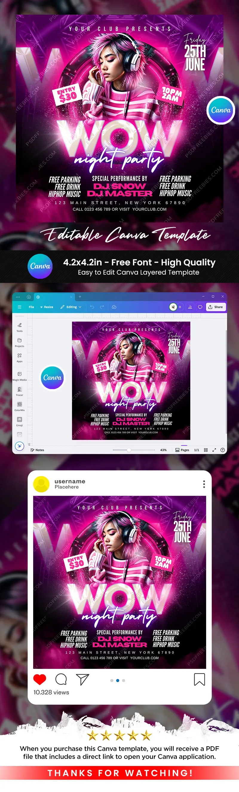 Neon Club Party Social Media Post Canva Template