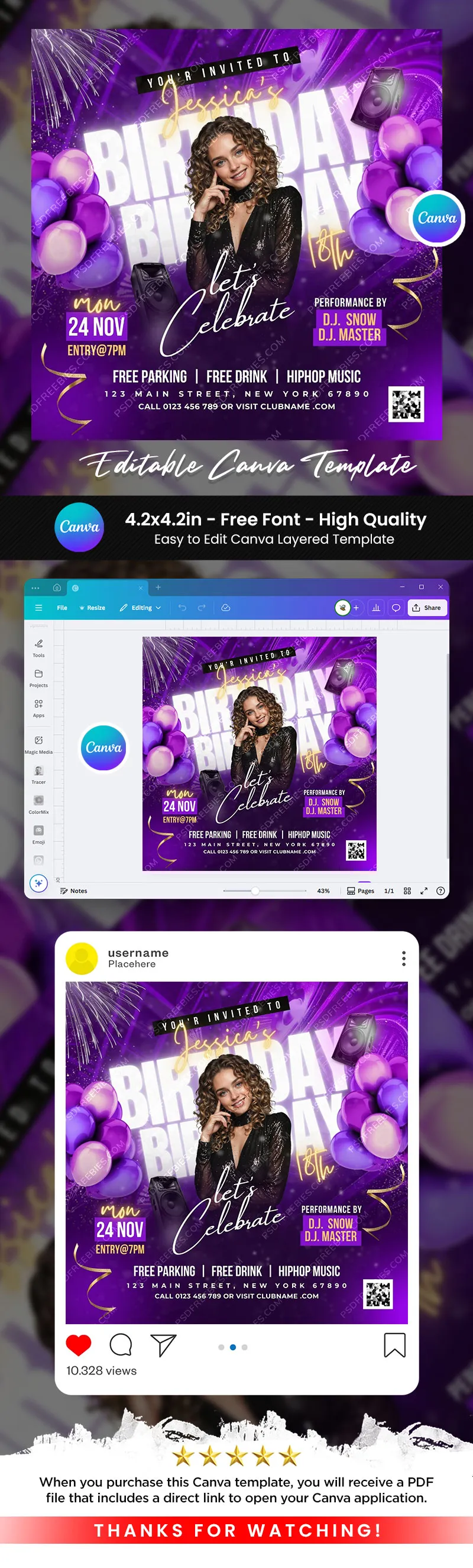Editable Birthday Party Invitation Canva Template