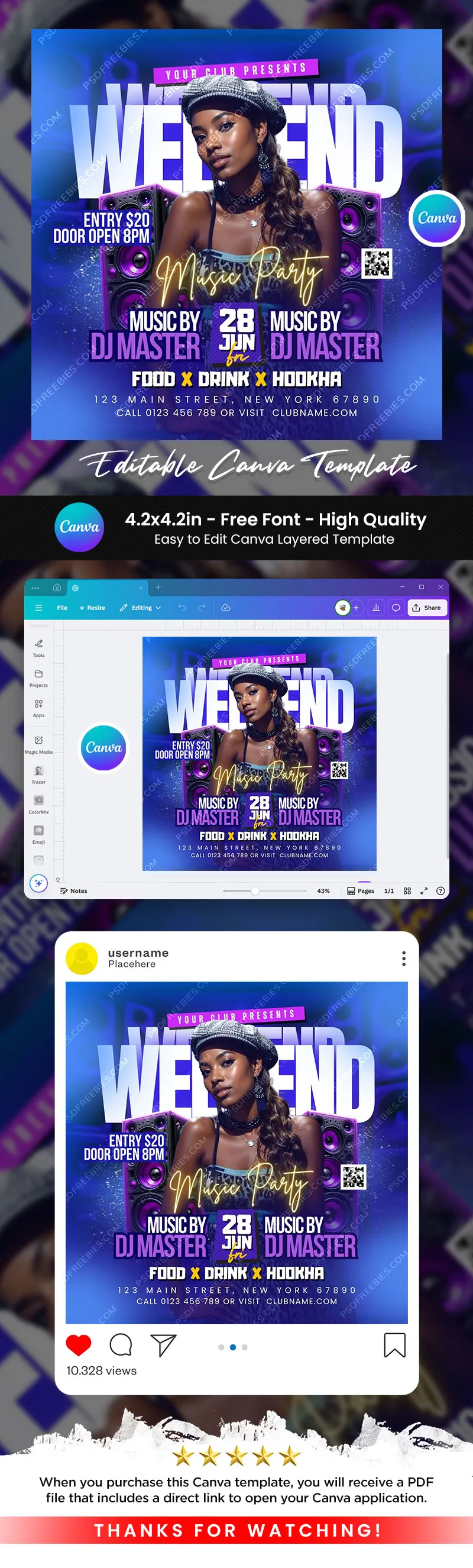 Editable Weekend Club Party Post Canva Template