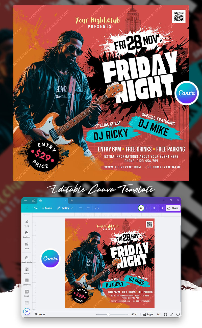 Friday Music Event Social Media Flyer Canva Template