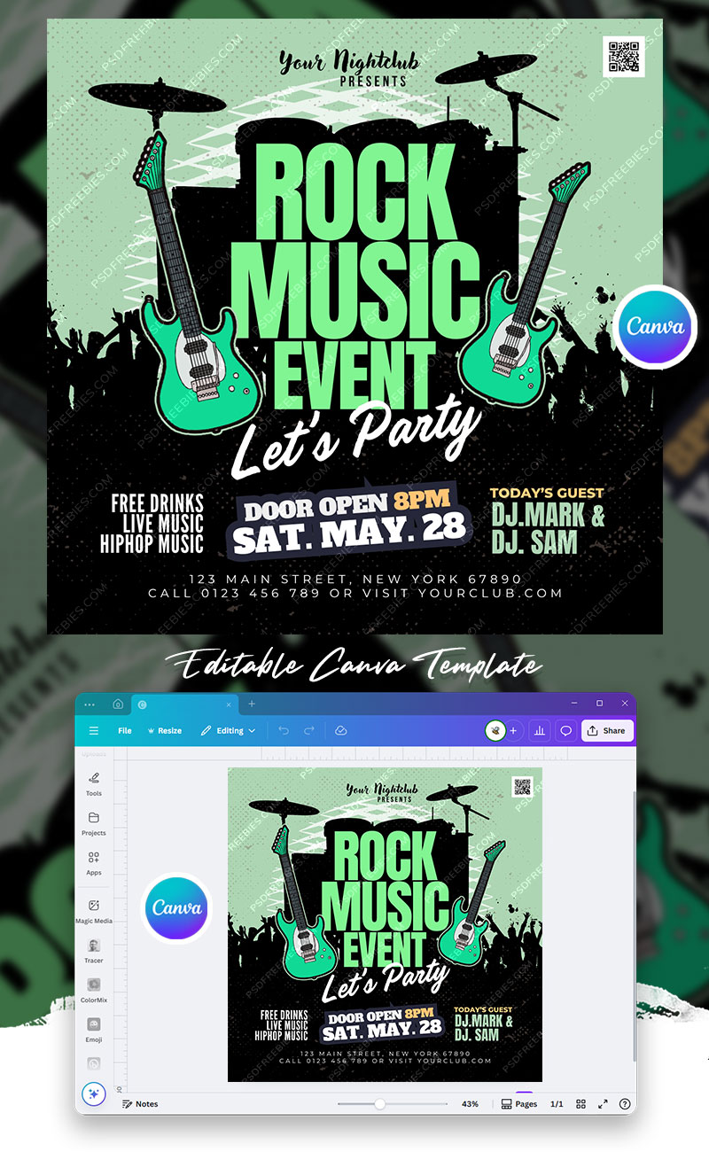 Rock and Roll Music Event Social Media Flyer Canva