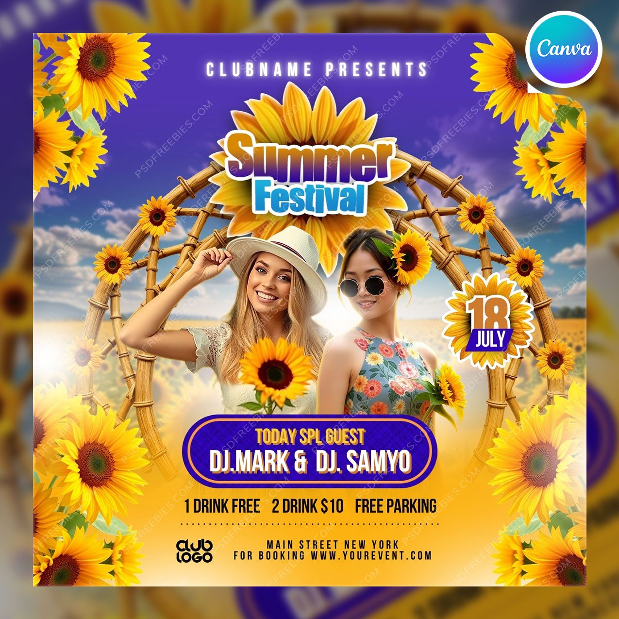 Summer Festival Music Event Social Media Flyer Canva Template
